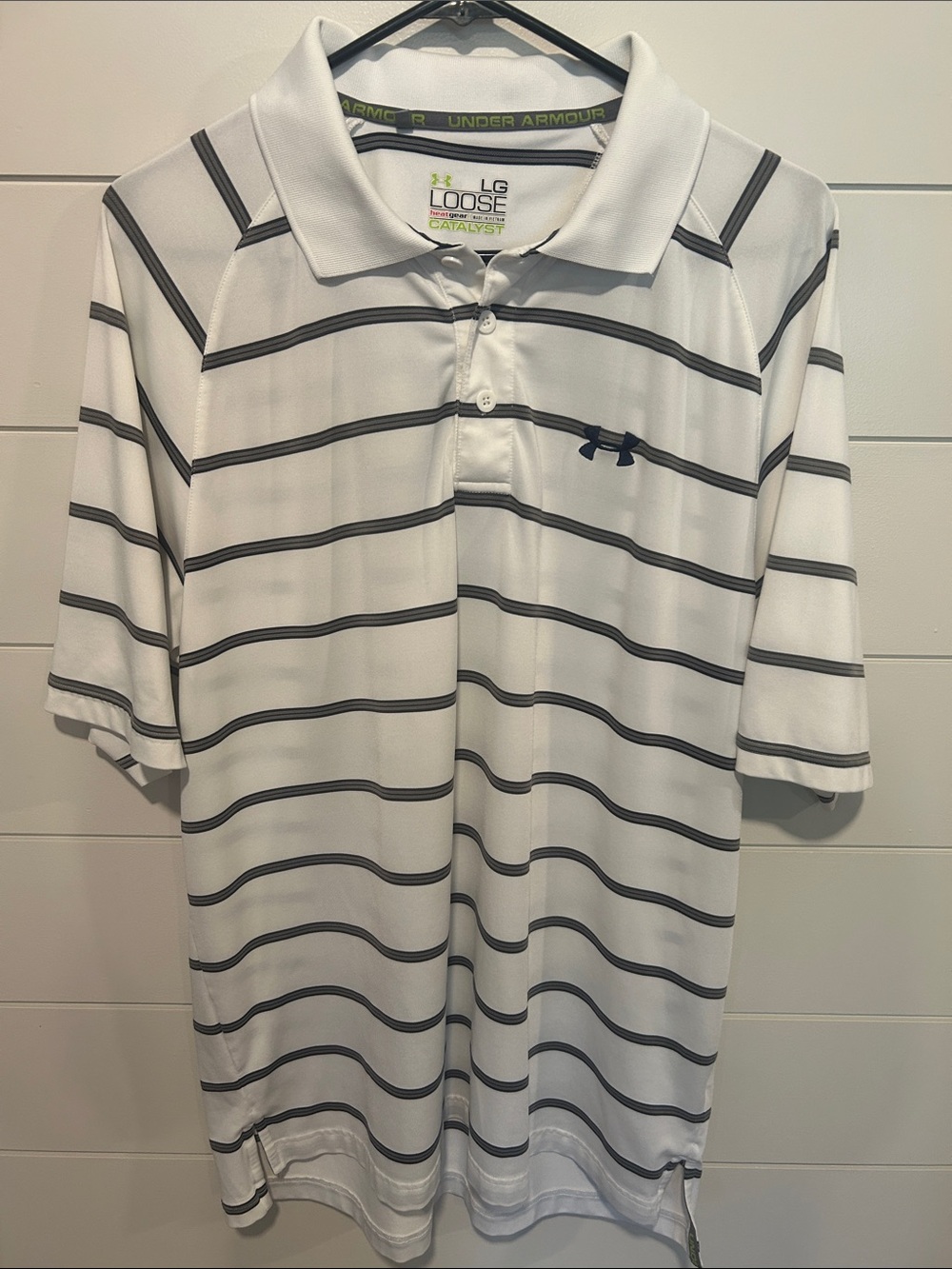 Under Armour White Polo with Black & Gray Horizontal Stripes